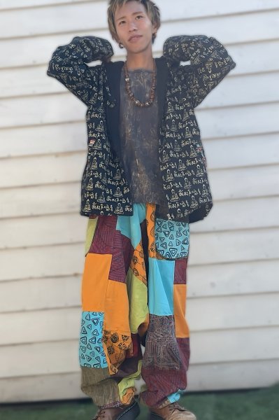 画像1: 仏陀プリントのアウター＆パッチワークサルエル (1)